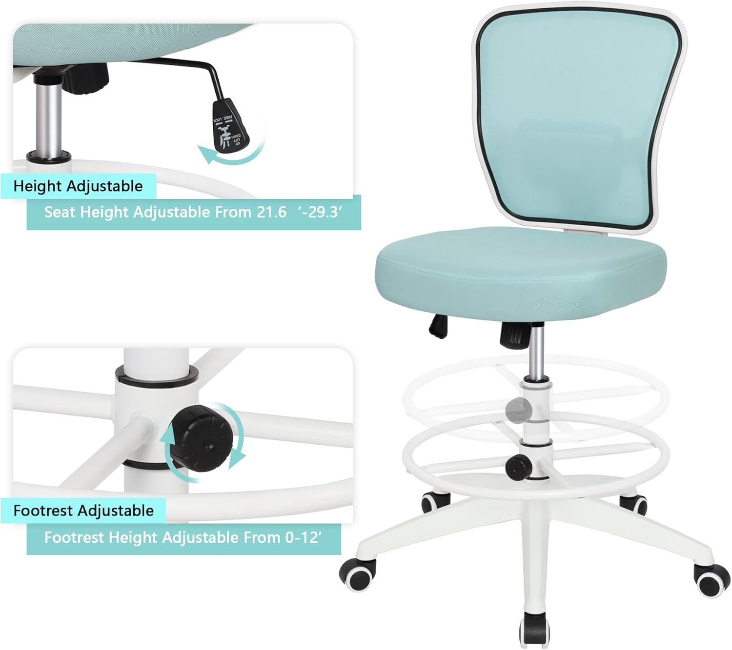 HYLONE Drafting Chair Adjustable Height Tall Office Chairs Standing Desk Chair Rolling Stool Chair Armless Office Drafting Chair Blue