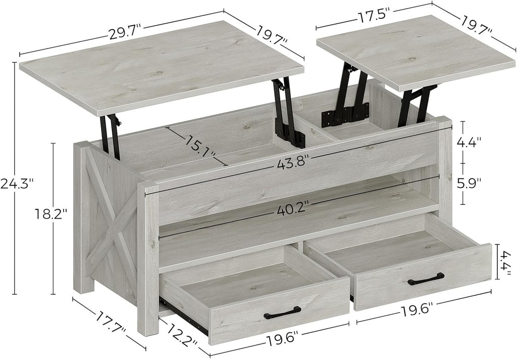 Seventable Coffee Table, 47.2" Lift Top Coffee Table with 2 Storage Drawers and Hidden Compartment, Retro Center Table with Wooden Lift Tabletop for Living Room, Gray