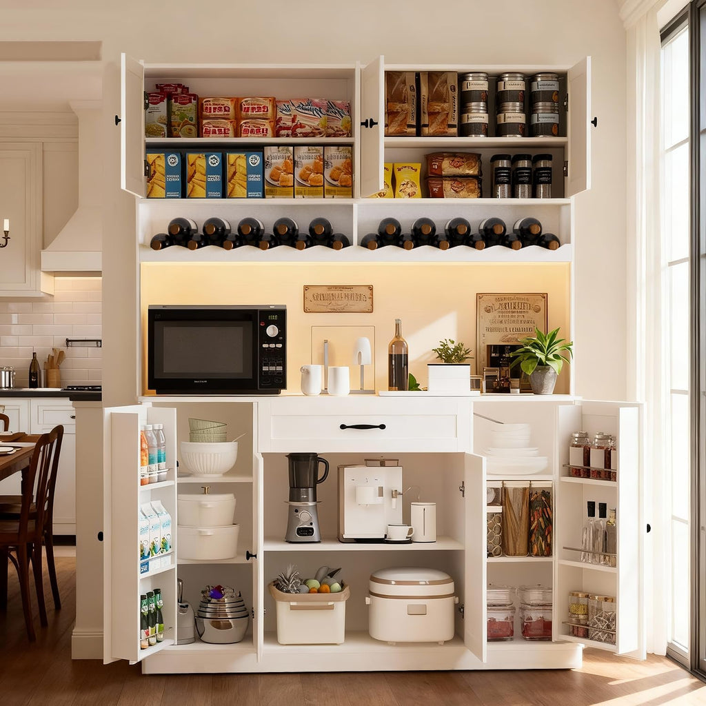 72" Tall Pantry Storage Cabinet with LED Light 55" Wide Kitchen Pantry Cabinet with Charging Station and Adjustable Shelves Modern Kitchen Hutch with Wine Rack and Large Countertop White