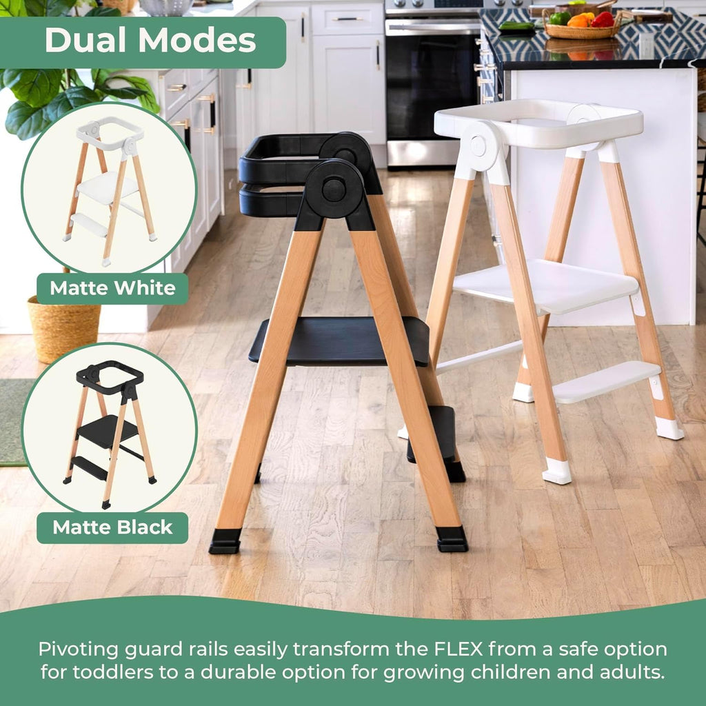 Guidecraft Kitchen Helper Flex Toddler Tower Step Stool for Kids and Adults - White: Adjustable and Foldable Wood Step Stool