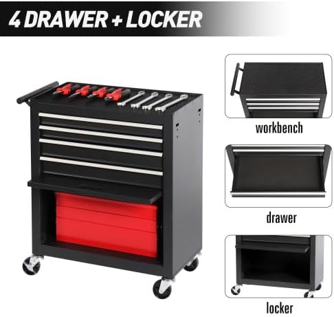 4-Drawer Rolling Tool Chest, Cabinet with 4 Wheels Tool Chest with Drawers, Suitable for Garages, Warehouses, Workshops, Repair Shops, Black