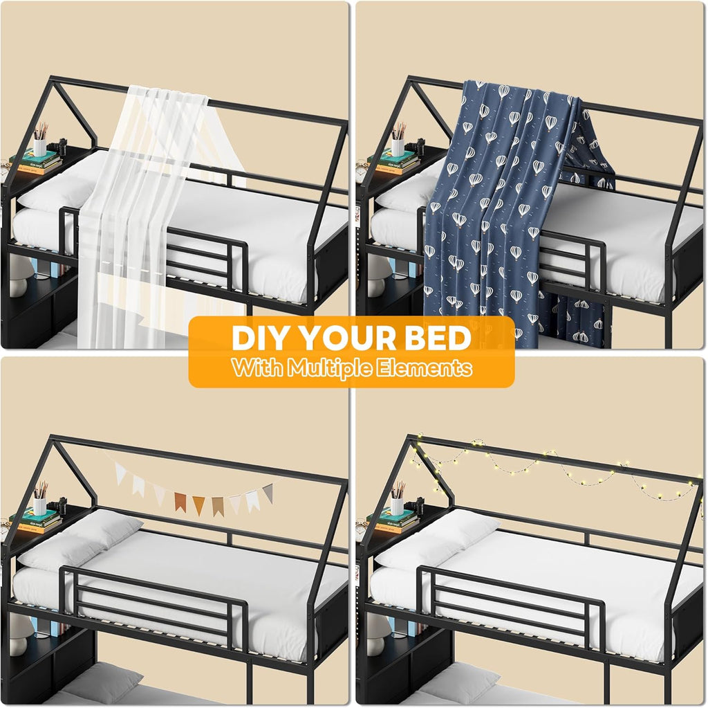 LIKIMIO Bunk Bed Twin Over Twin, House Bed Frame with 6 Storage Drawers,Hall Tree, Twin Bed with Metal Slats for Dormitory and Bedroom, Space Saving, No Box Spring Needed, Black