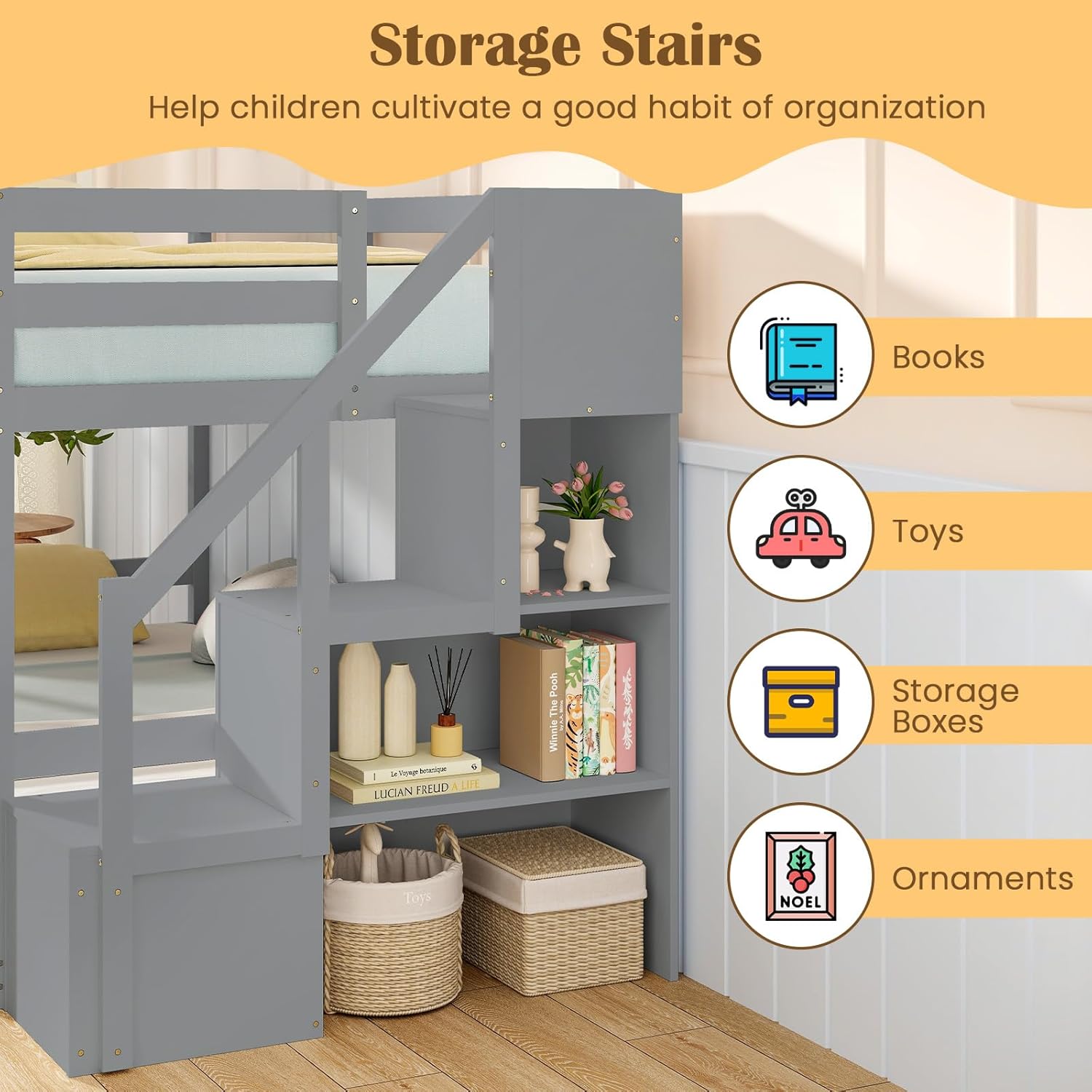 KOMFOTT Wood Twin Over Twin Low Bunk Bed with Storage Staircase, Wooden Bunk Bed Frame with Full-Length Guardrails, Low Profile Kids Bed with Slats Support, No Box Spring Needed (Grey)