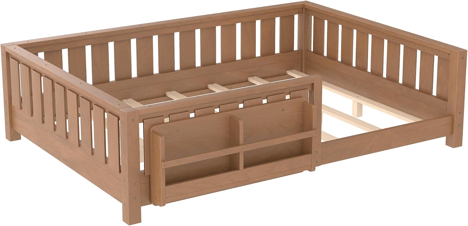 Bellemave Full Size Floor Bed with Slats and Safety Guardrail, Full Size Montessori Floor Bed with Fence and Built-in Bookshelf, Easy Assemble Montessori Beds for Kids, Girls, Boys, Natural