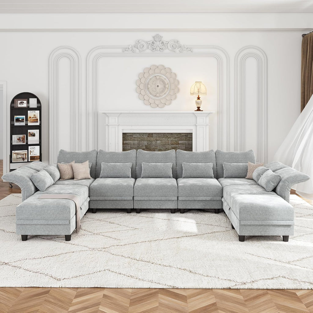 LLappuil 154" Oversized Modular Sectional Sofa with Storage 9 Seat U Shaped Sectional Couches for Living Room with Adjustable Arms Backs, Convertible to L Shape/U Shape/Sleeper Sofa, Grey Chenille
