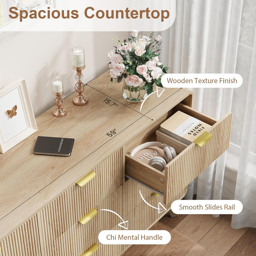 QUW Fluted 59.1" Wide Modern Dresser for Bedroom with 9 Drawers, Tall Chest of Drawers with Metal Handle, Wooden Dresser TV Stand, Hallway, Living Room, Natural Oak