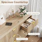 QUW Fluted 59.1" Wide Modern Dresser for Bedroom with 9 Drawers, Tall Chest of Drawers with Metal Handle, Wooden Dresser TV Stand, Hallway, Living Room, Natural Oak