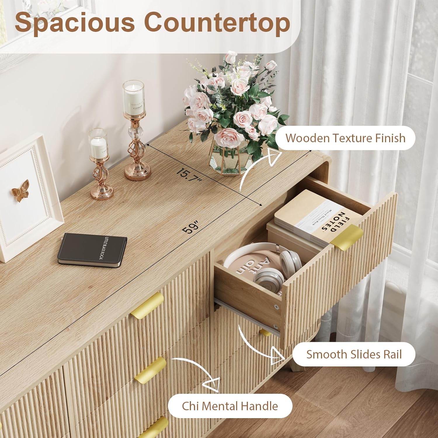 QUW Fluted 59.1" Wide Modern Dresser for Bedroom with 9 Drawers, Tall Chest of Drawers with Metal Handle, Wooden Dresser TV Stand, Hallway, Living Room, Natural Oak