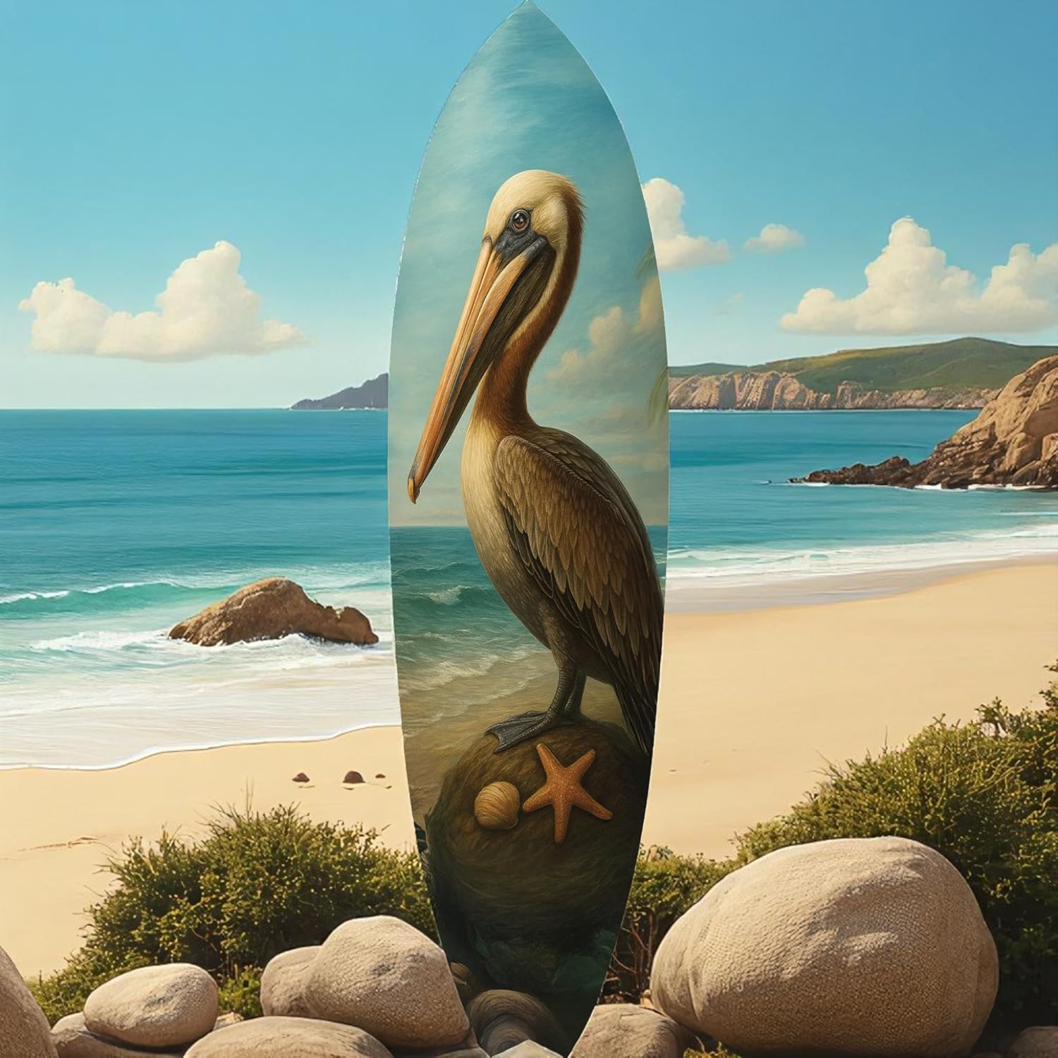 JennyGems Pelican Surfboard Wall Art Coastal Bird Decor, Ocean Themed Surfboard Sign, Indoor Outdoor PVC, Beach House Nautical Wall Hanging