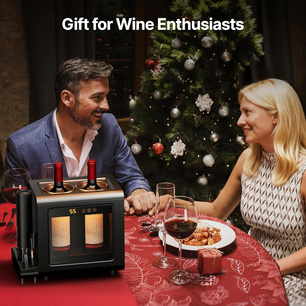 Ca'Lefort Electric Wine Chiller - 46-64°F Wine Cooler for 2 Standard Bottles (3.6" Dia.), All-in-1 Set Electric Opener & 2 Glasses, Perfect for Red, White, Champagne at Home/Office, Gift for Men Women