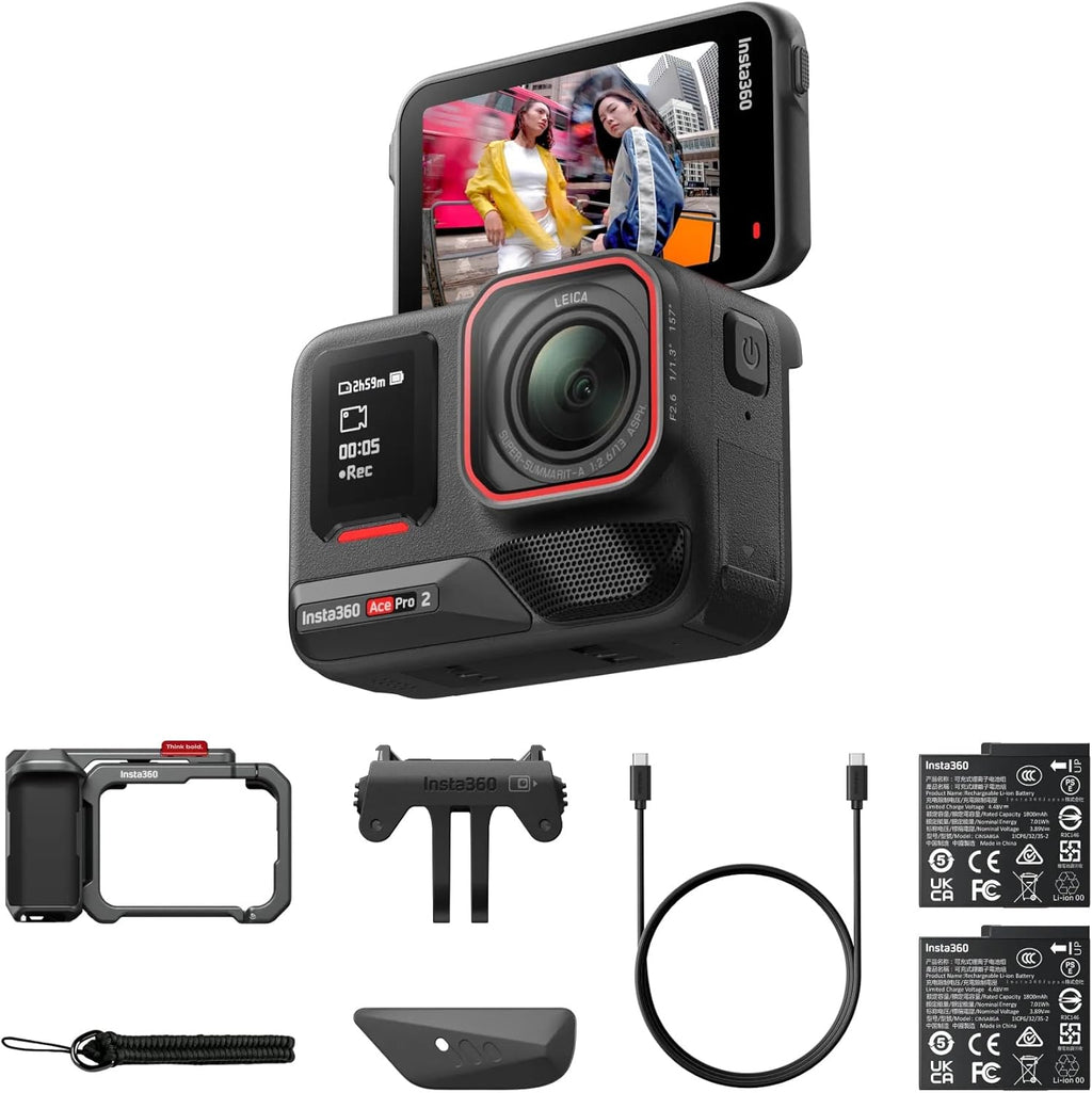 Insta360 Ace Pro 2 Dual Battery Xplorer Bundle - 8K Waterproof Action Camera Co-Engineered with Leica  Flagship 1/1.3" Sensor  8K30fps  4K60fps  2.5" Flip Screen  AI Noise Reduction