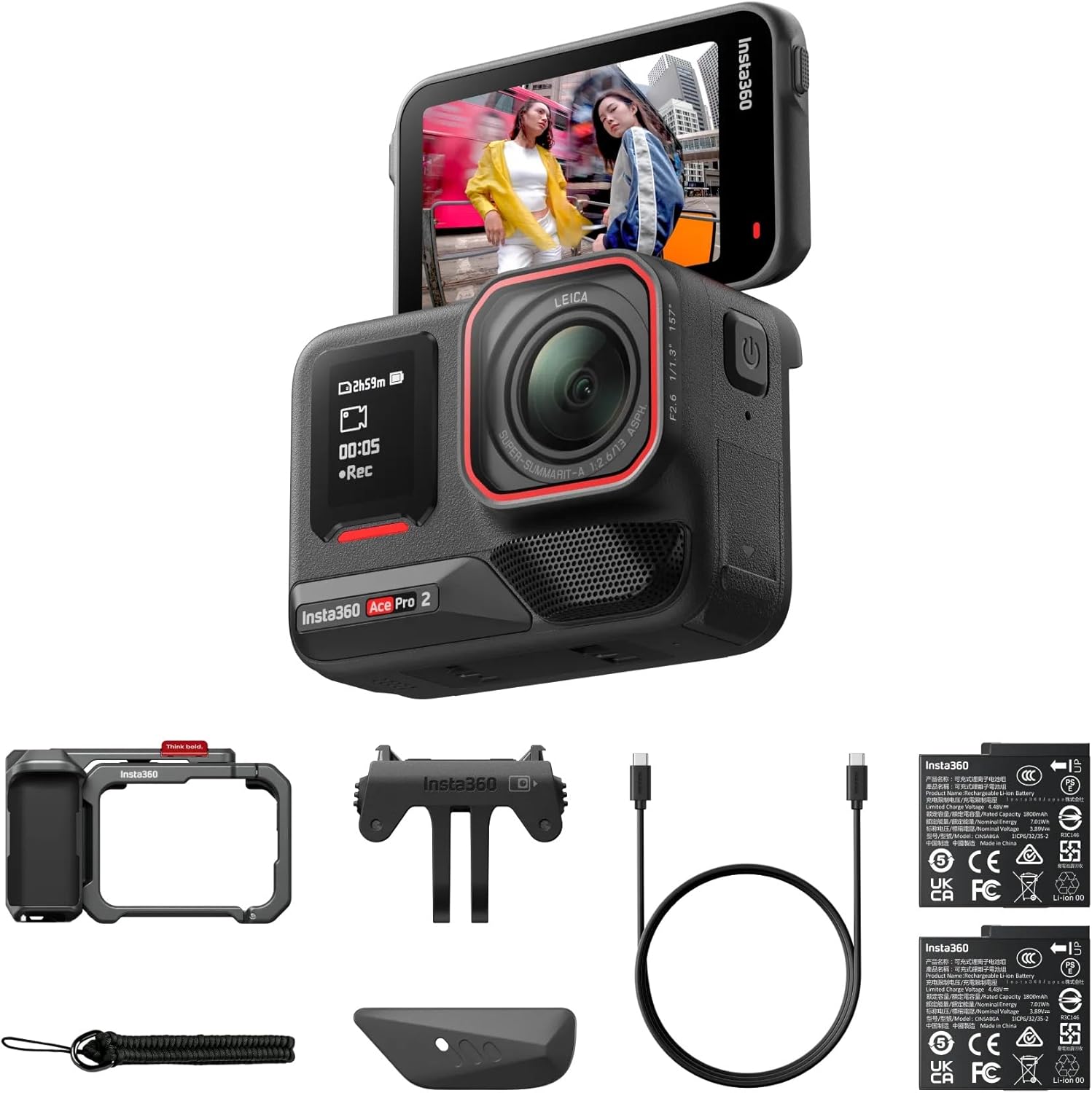 Insta360 Ace Pro 2 Dual Battery Xplorer Bundle - 8K Waterproof Action Camera Co-Engineered with Leica  Flagship 1/1.3" Sensor  8K30fps  4K60fps  2.5" Flip Screen  AI Noise Reduction