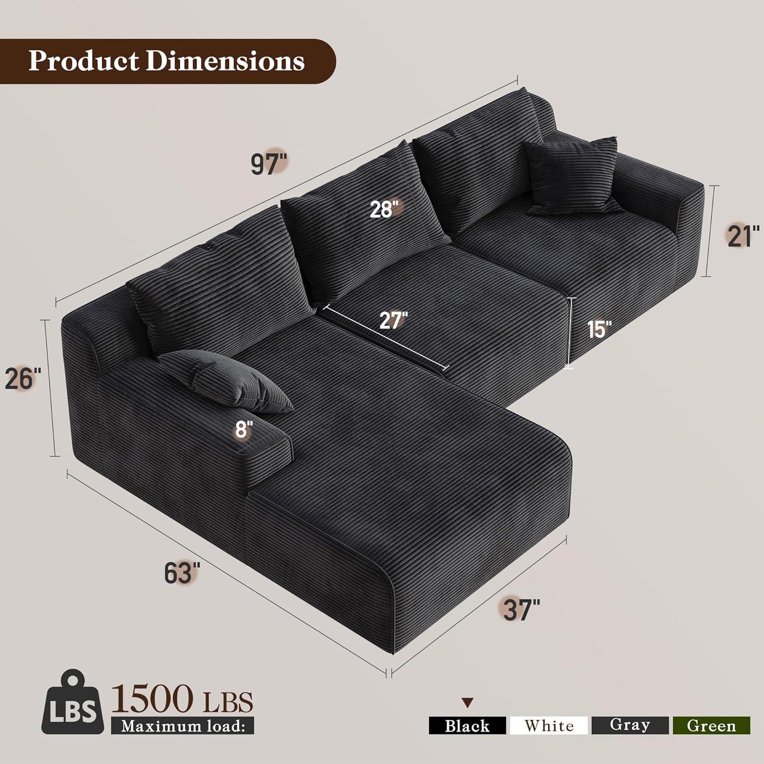 97" L-Shaped Cloud Boneless Couch with Deep Seat, Modular Sectional Sofa with Chaise, Flexible Module Combination for Living Room, Bedroom, No Assembly (Black, Left Facing Chaise)