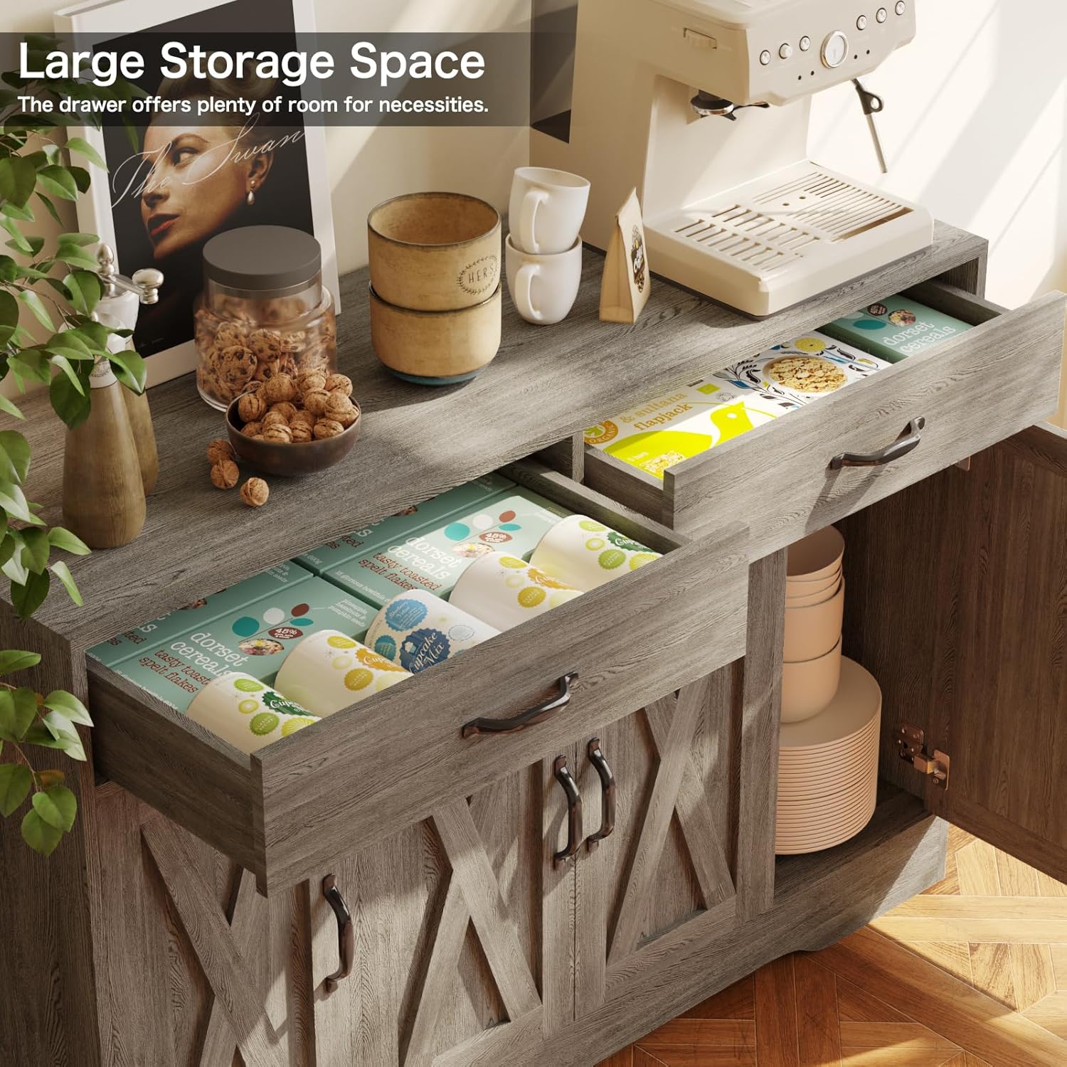 Sideboard Cabinet with Drawers, 47" W Sideboard Buffet Storage Cabinet with Storage for Kitchen, Farmhouse Coffee Bar Cabinets with Shlves and Doors for Hallway, Gray
