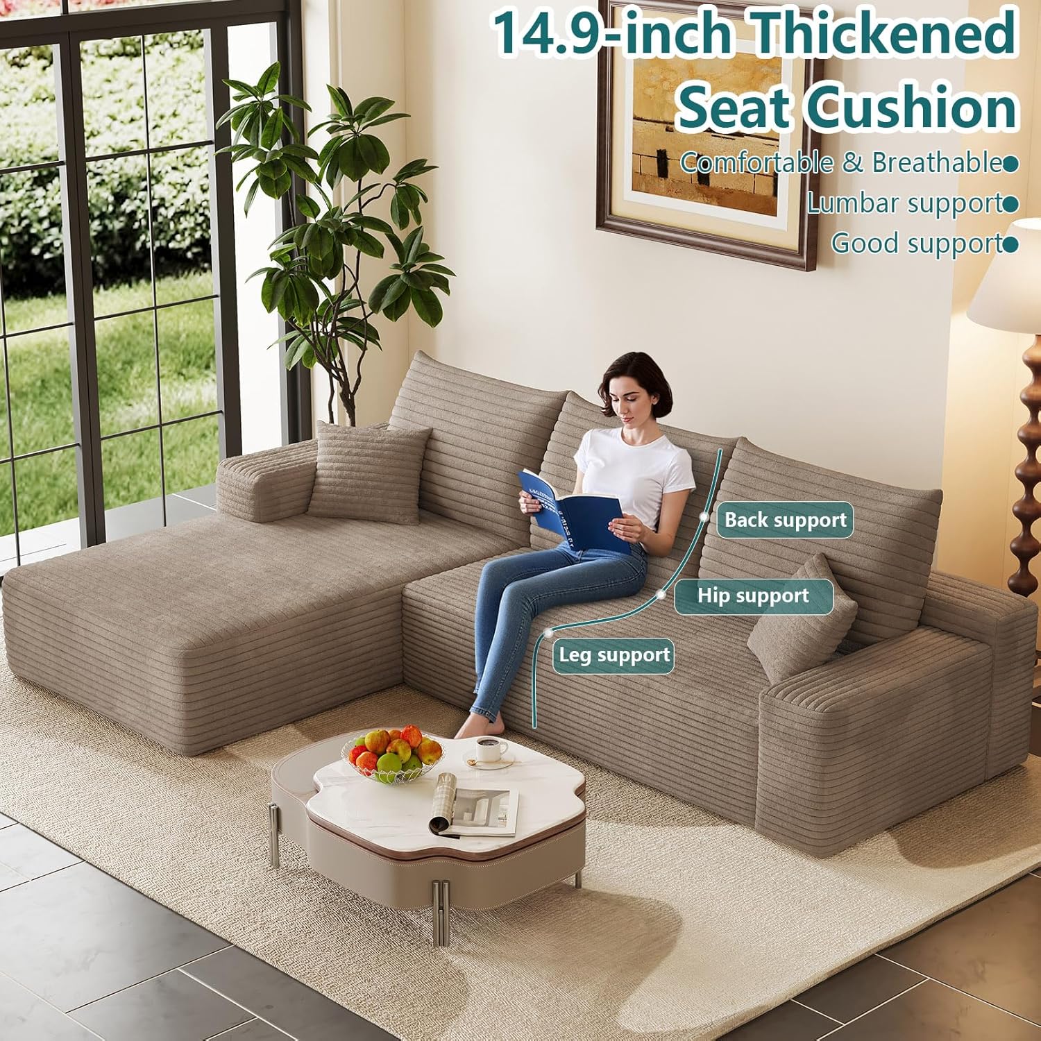 95" Modular Sectional Couch, Boneless L Shaped Cloud Sofa with Chaise Lounge, Corduroy Upholstered Couches Memory Foam Deep Seat, No Assembly Required, Ideal for Living Room(Camel, Left Facing)