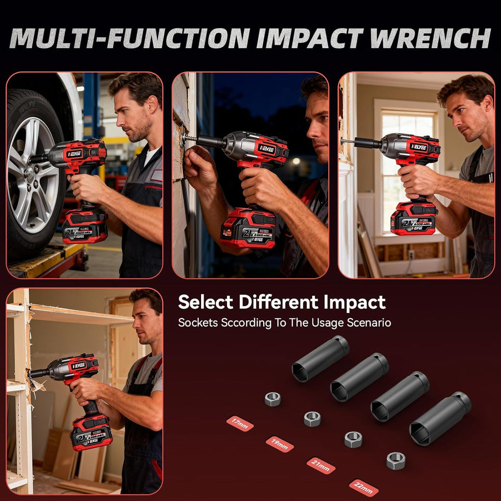 Cordless Impact Wrench 1107Ft-lbs(1500N.m), Brushless High Torque 1/2 Impact Gun with 21V 2x4.0Ah Battery, 3-Mode Speed, Electric Impact Driver with 4 Socket for Home Car Pickup Truck RV Mower