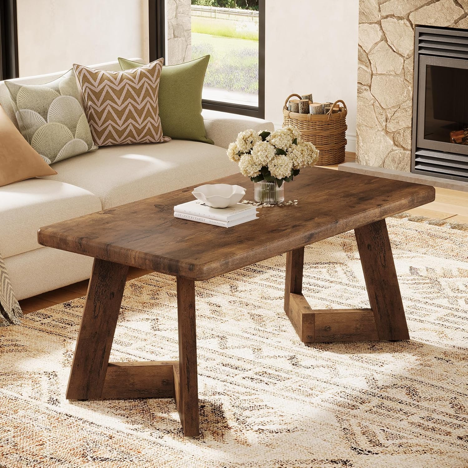 Tribesigns Coffee Table, Farmhouse Center Table with V-Shaped Legs, 47.2 x 23.6 Inches Rectangle Living Room Tables, Easy to Assemble, Rustic Brown