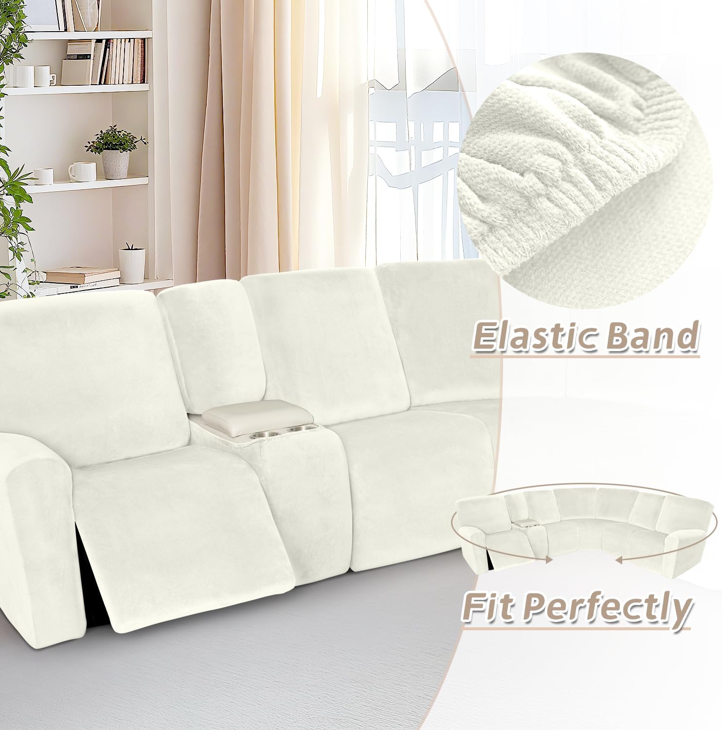 Arfntevss Sectional Recliner Couch Covers Velvet Washable Corner Sectional Sofa Cover for Reclining Stretch Soft Thick L Shape Recliner Slipcover Set (5 Seat with 1 Console Cover, Cream)