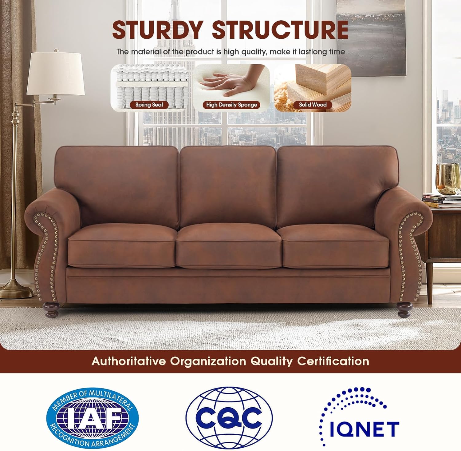 Mid-Century Vintage Sofa Couches with Rivet Design,3-Seater Sofa,Removable Sofa Cover Upholstered Cushions and Solid Wood Frame (Caramel, 3-Seater)