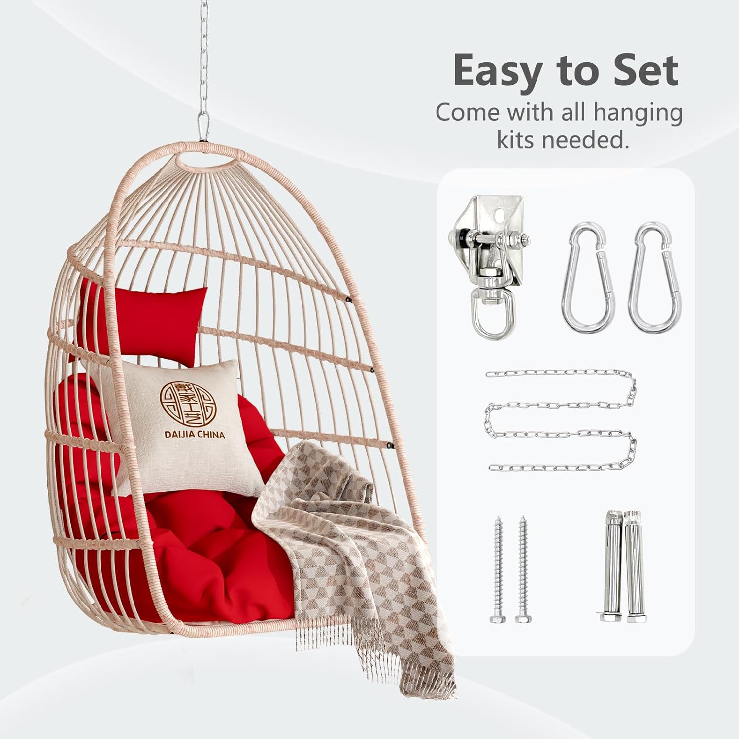 Hanging Egg Chair Without Stand, HDPE Rattan Foldable Swing Chair with Pillow, Aluminum Frame & UV Resistant Cushion for Indoor Outdoor Bedroom Garden, 350Lbs Capacity (Red)