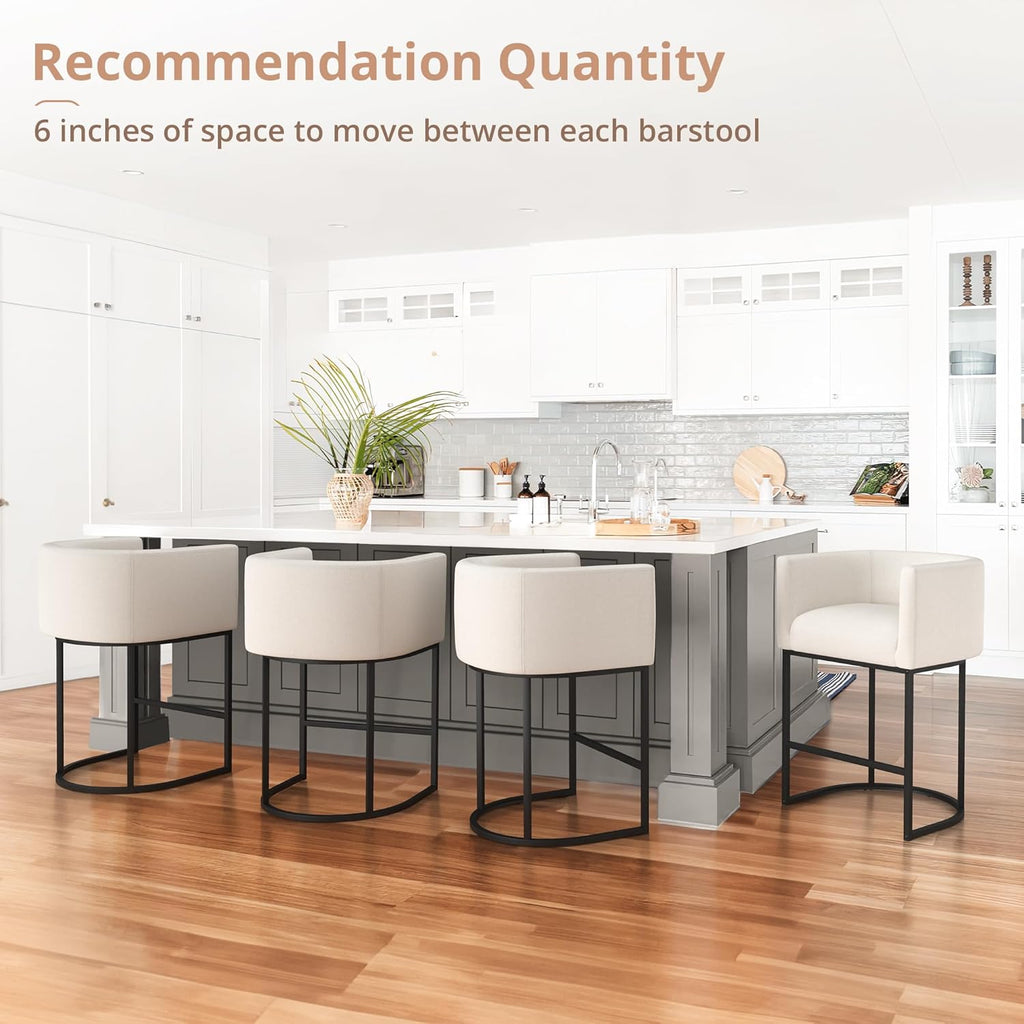 LUE BONA 27" H Counter Height Bar Stools Set of 3, Modern Barrel Counter Stools with Backrest and Arms, Black Metal Frames, Linen Fabric Upholstered Accent Barstools for Kitchen Island, Beige