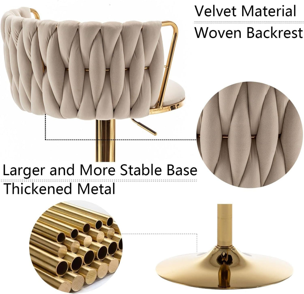 Gold Velvet Bar Stools Set of 3, Swivel Counter Height Bar Stools with Back, Adjustable Woven Barstools for Kitchen Island, Pub, Club (Beige)