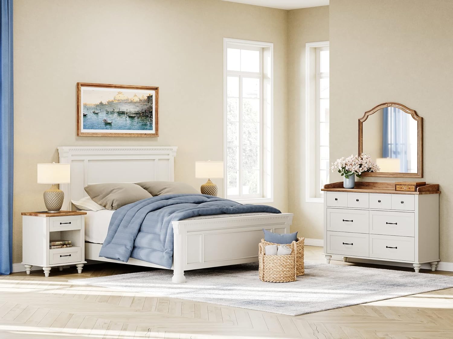 WAMPAT Off White Nightstand with 2 Drawers, Wooden End Table with Charging Station, Mid Century Modern Side Table Bedside Table for Bedroom & Living Room, 20 Inch