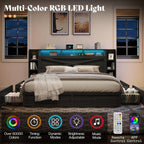 AMERLIFE 45'' Farmhouse King Bed Frame with 4 Drawers, LED Bed Frame with Bookcase Headboard & Side Shelves, Wood Platform Bed with Charging Station, Black