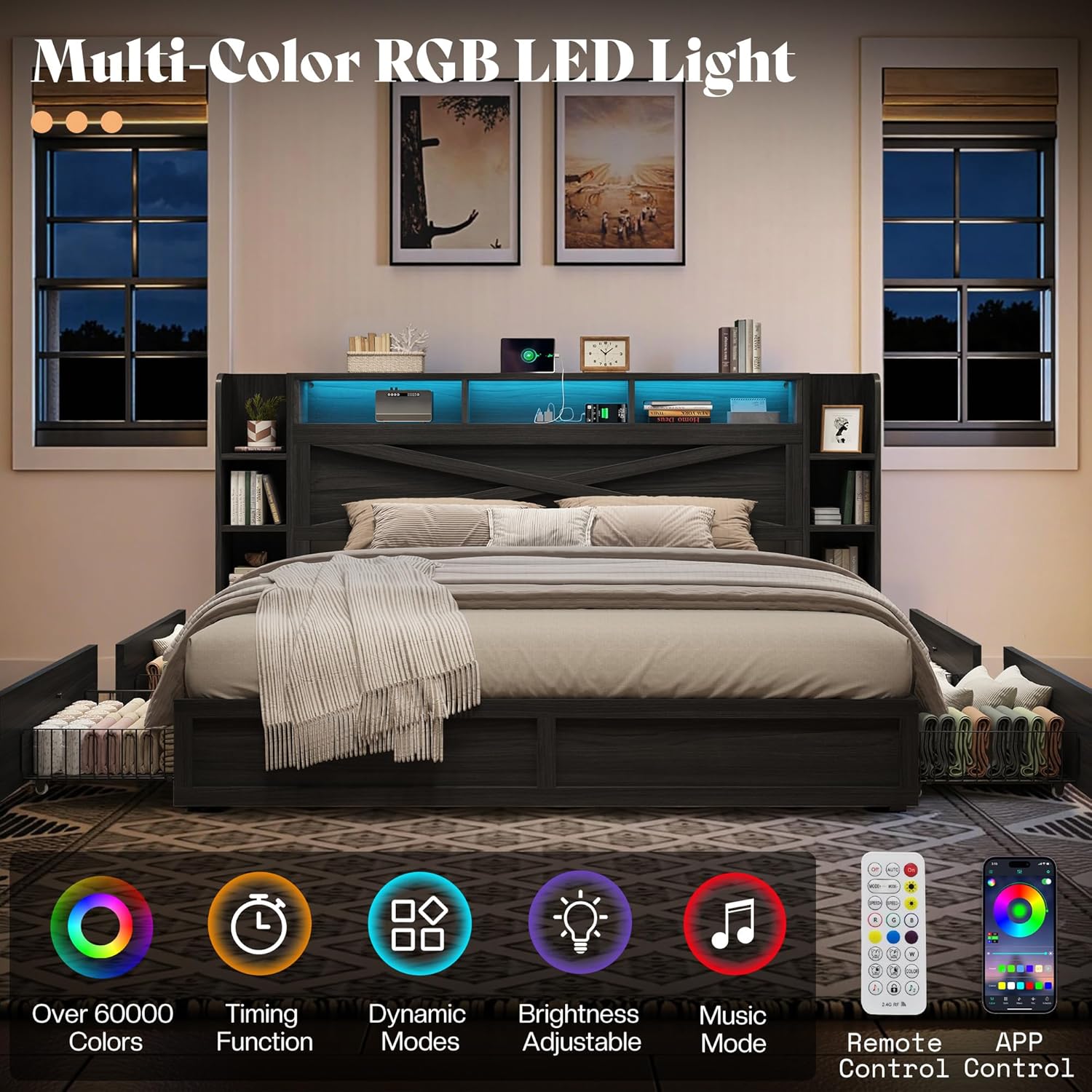 AMERLIFE 45'' Farmhouse King Bed Frame with 4 Drawers, LED Bed Frame with Bookcase Headboard & Side Shelves, Wood Platform Bed with Charging Station, Black