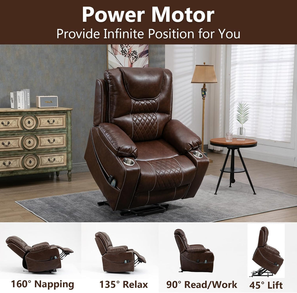 Oversized Power Lift Recliner Chair 400 LBS for Big and Tall Elderly, 26" Extra Wide Zero Gravity Electirc Recliner Chair with Massage and Heating, Leather Home Theater Seat, Brown