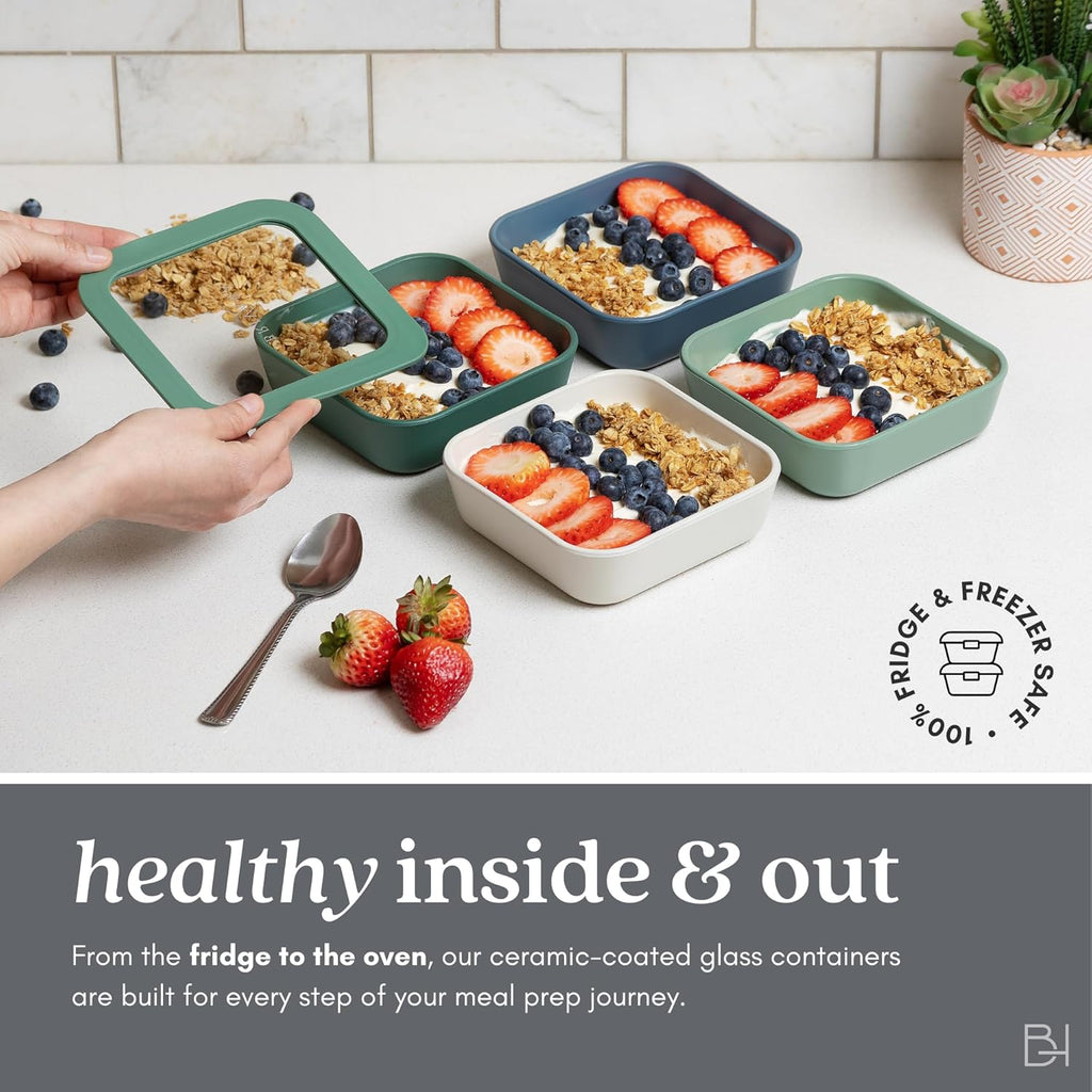 Ceramic Coated Glass Food Storage Containers | No PTFE, PFOA, PFAS, and BPA | Reusable Non Toxic Meal Prep Containers with Glass Lids | Easy To Store | 10 Piece Set Crema
