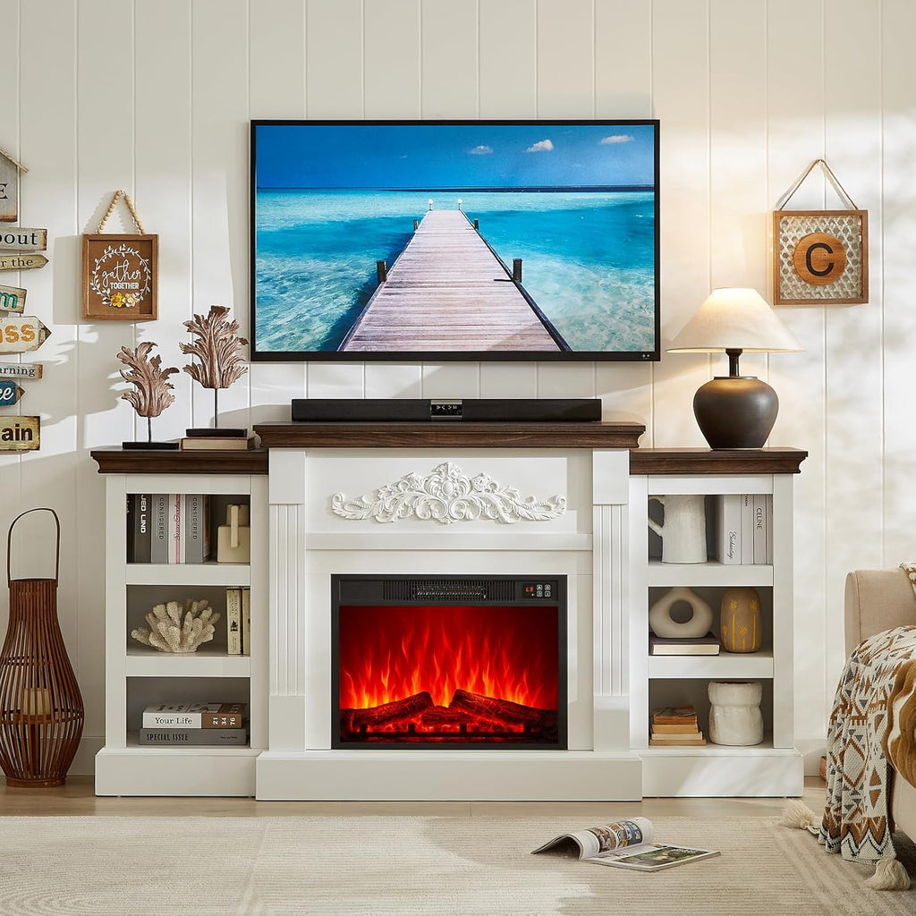 SOOWERY Electric Fireplace with Mantel, Fireplace TV Stand with Replaceable Fireplace Insert and Storage, Farmhouse Entertainment Center with Fireplace Heater for TVs Up to 80", White & Brown