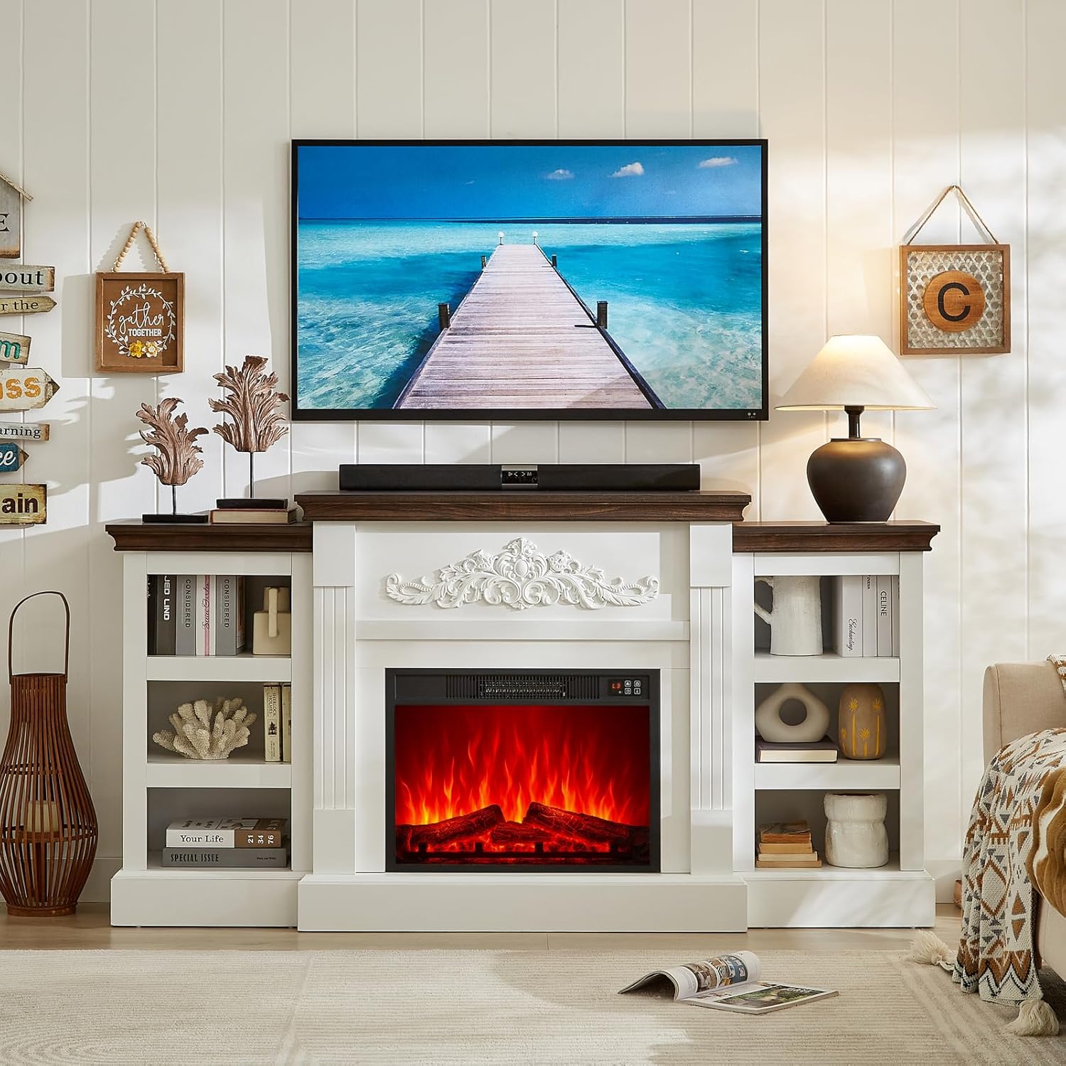SOOWERY Electric Fireplace with Mantel, Fireplace TV Stand with Replaceable Fireplace Insert and Storage, Farmhouse Entertainment Center with Fireplace Heater for TVs Up to 80", White & Brown