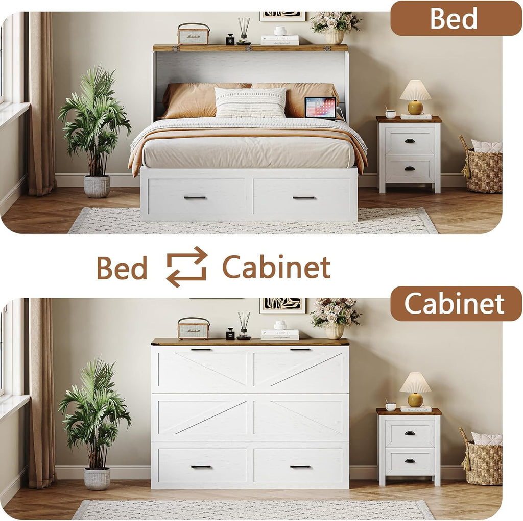 CHUWELL Full Size Murphy Bed with Charging Station & Drawer, Farmhouse Full Size Mobile Cabinet Bed Frame, Murphy Chest Bed Cabinet for Bedroom, Guest Room