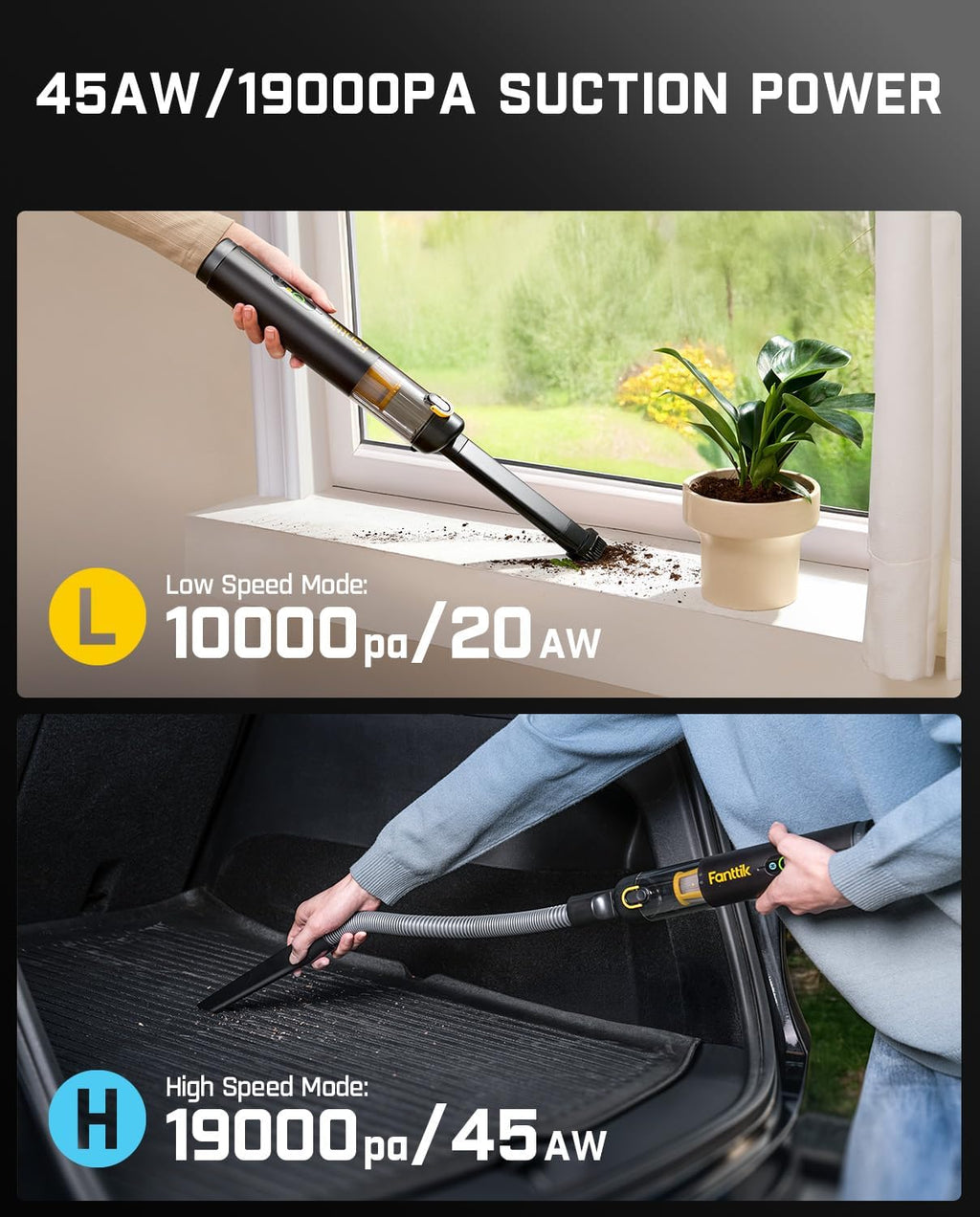 Fanttik Slim V10 APEX Cordless Car Vacuum, 4-in-1 Portable Mini Handheld Vac, 19kPa Suction Power, Upgraded Smart Digital Display, 2 Suction Modes for Small Jobs, Car, Office Desk, Keyboards (Black)