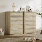 SICOTAS Tall Dresser for Bedroom - Rattan 5 Drawer Dressers Chest of Drawers with Push-to-Open Design, Boho Extra Deep Clothes Dresser with Large Storage for Closet, Living Room, Sand Oak
