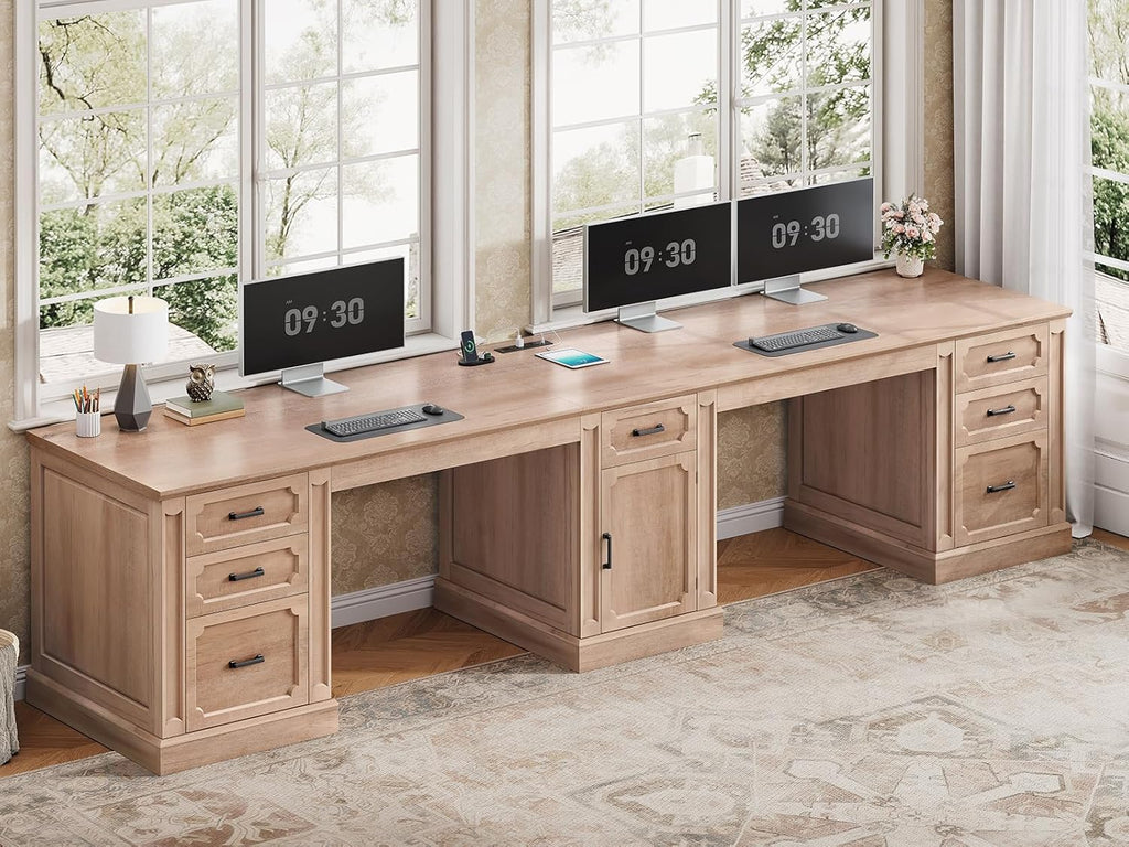 SEDETA Farmhouse 110.3" Two Person Desk with 7 Drawers, Long Computer Desk with Storage Cabinet, 2 Person Desk with Power Outlets for Home Office, Natural Oak