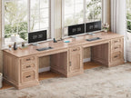 SEDETA Farmhouse 110.3" Two Person Desk with 7 Drawers, Long Computer Desk with Storage Cabinet, 2 Person Desk with Power Outlets for Home Office, Natural Oak
