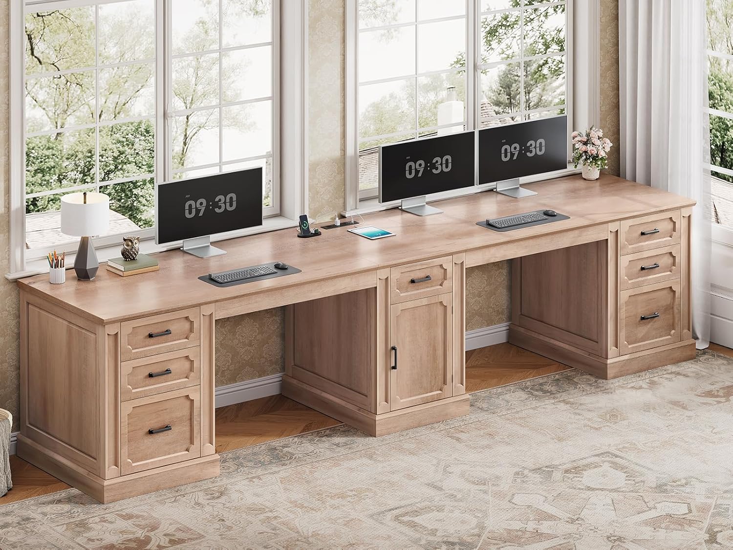 SEDETA Farmhouse 110.3" Two Person Desk with 7 Drawers, Long Computer Desk with Storage Cabinet, 2 Person Desk with Power Outlets for Home Office, Natural Oak