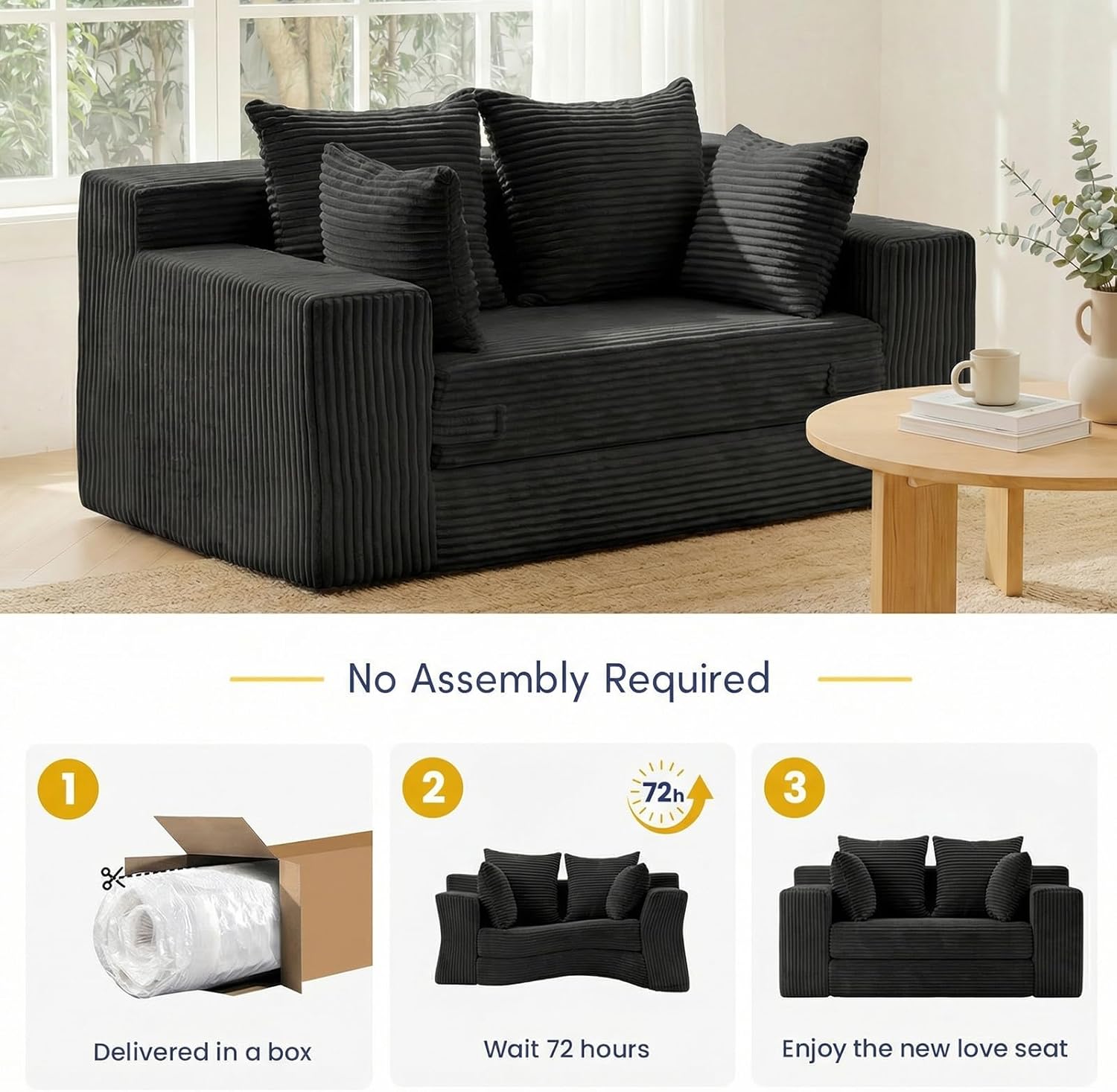Boneless Couch Loveseat Sleeper, Convertible Sofa Bed Folding Couch Bed Foldable, 2 in 1 Boneless Chair Bed & Futon Sofa Bed, Small Pull Out Sofa with 4 Pillows for Living Room, Black | No Assembly, Convertible, 2 in 1, Pull Out Handle, 4 Pillows