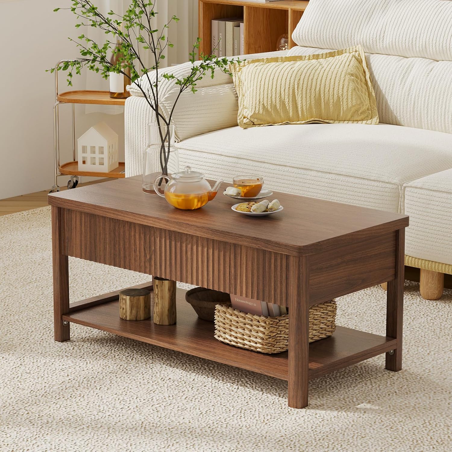 Lift Top Coffee Table with Storage for Living Room, 2-in-1 Modern Center Table & Desk with Hidden Storage Compartment & Open Shelf, Space Saving for Small Space & Apartment (Walnut)