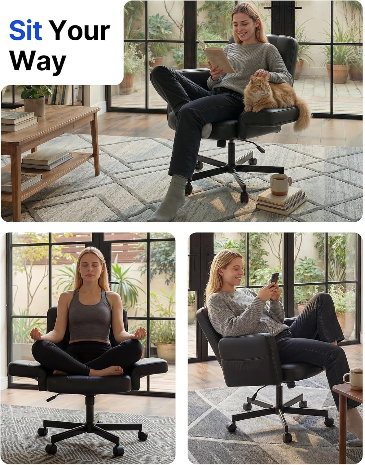 HUANUO Criss Cross Chair with 6-Point Adjustable Armrests, Pet-Friendly Criss Cross Office Chair, Comfortable Cross Leg Chair with Wide Seat, Durable PU Leather, Side Storage Pocket, Easy Assembly