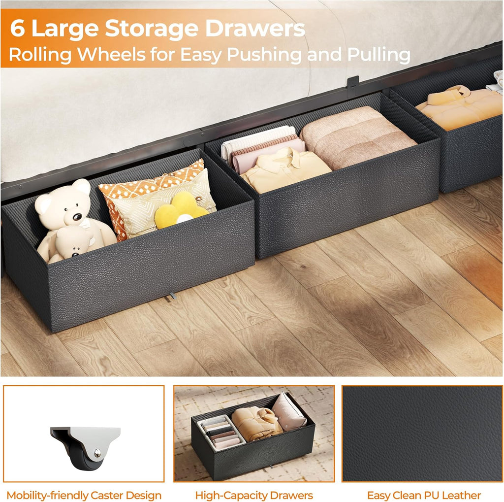 Queen Bed Frame, 2-Tier Storage Headboard & 6 Fabric Drawers, PU Leather Upholstered Queen Size Platform Bed with Charging Station and LED Lights, No Box Spring Needed, Noise Free