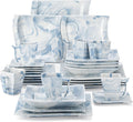 MALACASA Dinnerware Sets for 6, 30 Piece Porcelain Plates and Bowls Sets, Square Dish Set with Dinner Plate and Bowl, Cup and Saucer, Blue Dishes Dinnerware Set, Modern Dishware Sets, Series Flora