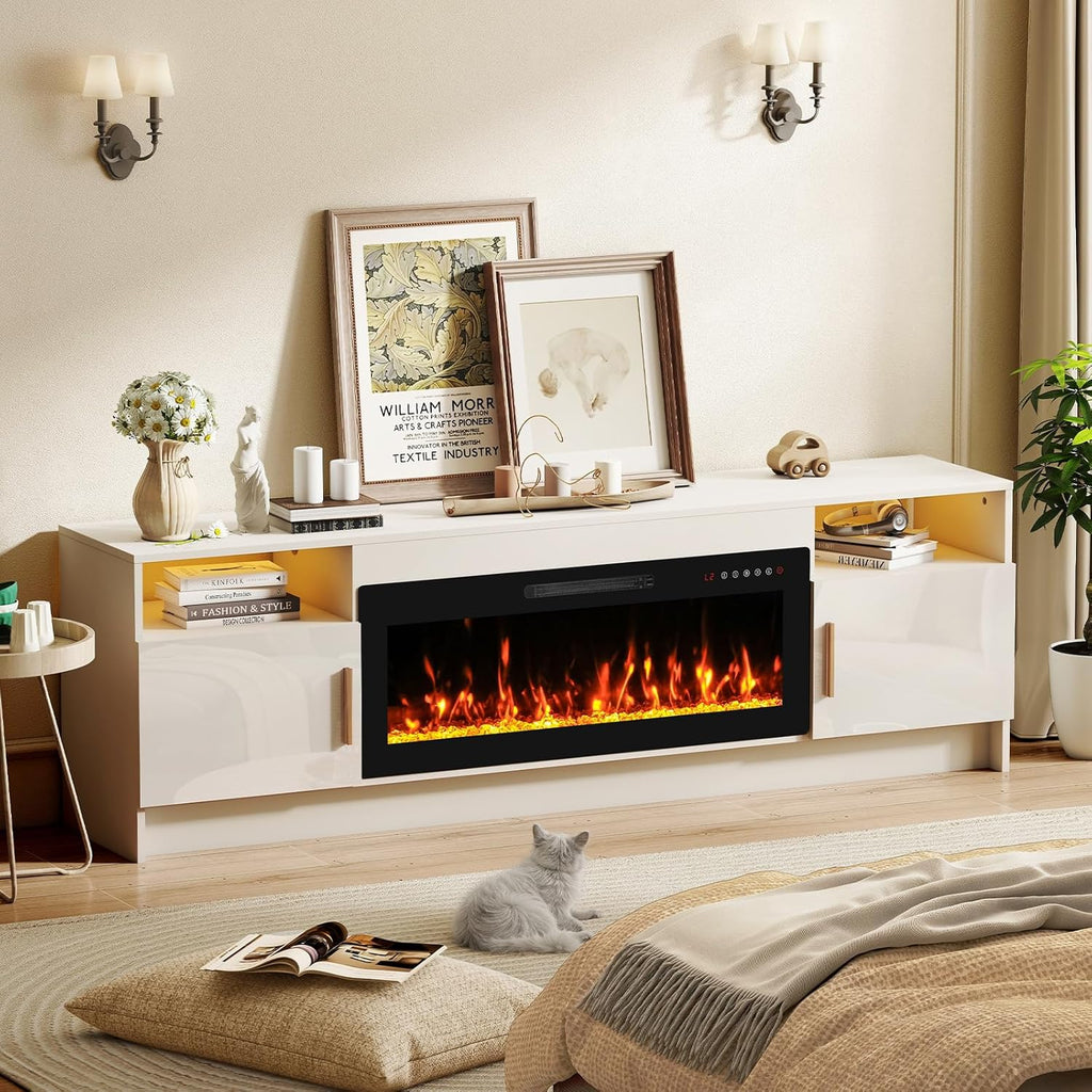 70" Electric Fireplace TV Stand for TVs Up to 80", LED Light Media Console with 36" Electric Heater, Storage Cabinet, Entertainment Center for Living Room, White