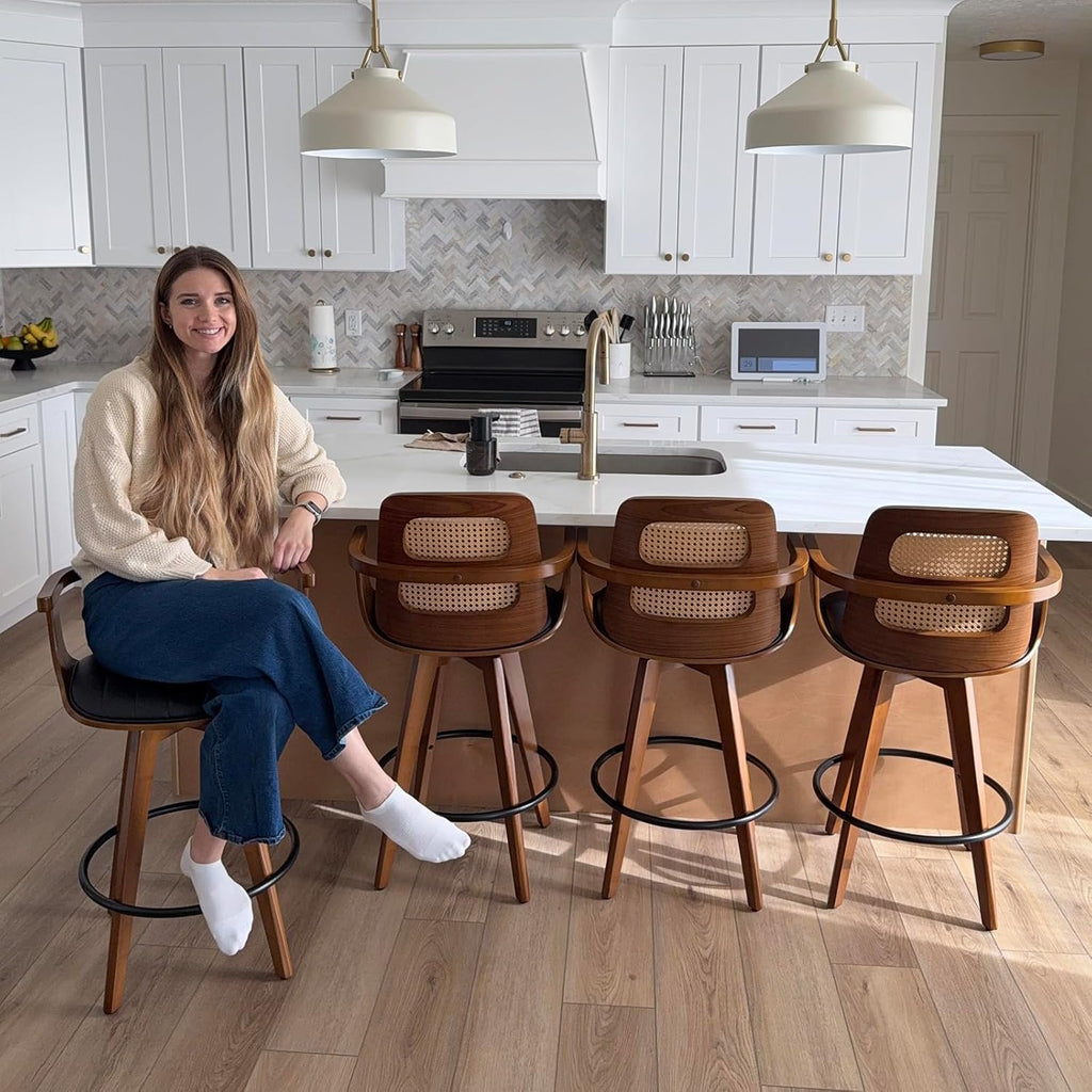 Counter Height Stools Set of 2, 26.3" Seat Height 360° Swivel Stools with Ergonomic Rattan Back, Faux Leather Seat, Bamboo Legs with Walnut Finish, Mid-Century Style (Cream)