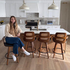 Counter Height Stools Set of 2, 26.3" Seat Height 360° Swivel Stools with Ergonomic Rattan Back, Faux Leather Seat, Bamboo Legs with Walnut Finish, Mid-Century Style (Cream)