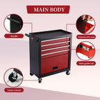 4 Drawers Metal Rolling Tool Chest on Wheels, Lockable Organizer ToolBox Tool Cart with 1 Cabinet, Multifunctional Large Capacity Trolley Tool Storage Case for Garages & Repair Shop (Black+Red)