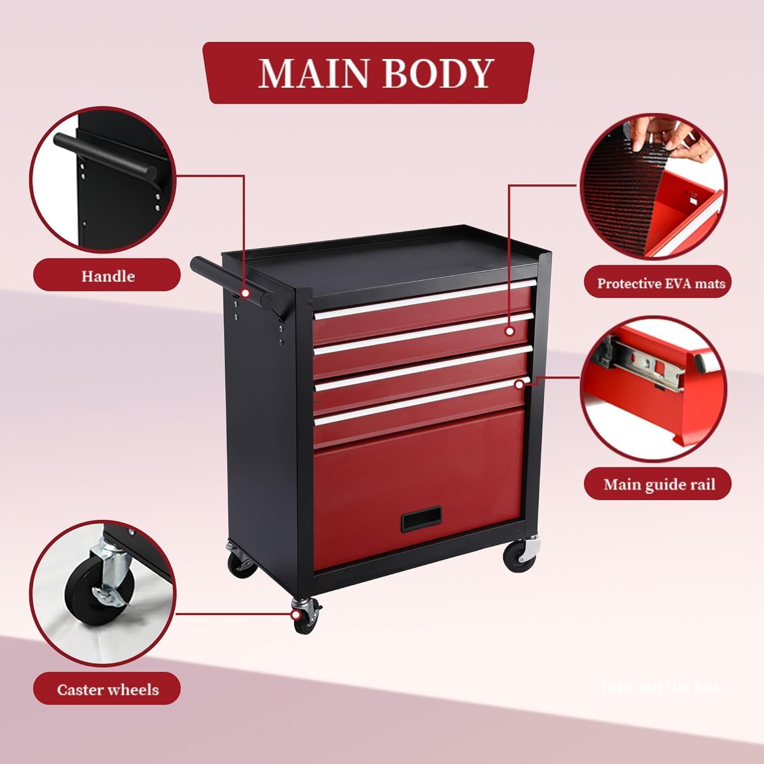 4 Drawers Metal Rolling Tool Chest on Wheels, Lockable Organizer ToolBox Tool Cart with 1 Cabinet, Multifunctional Large Capacity Trolley Tool Storage Case for Garages & Repair Shop (Black+Red)