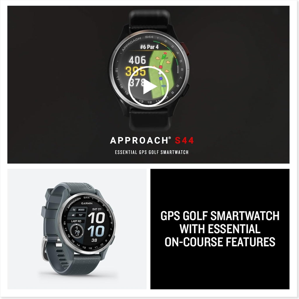 Garmin Approach® S44  Essential Golf GPS Smartwatch  AMOLED Display  On-Course Features  Silver Aluminum Bezel with Black Silicone Band